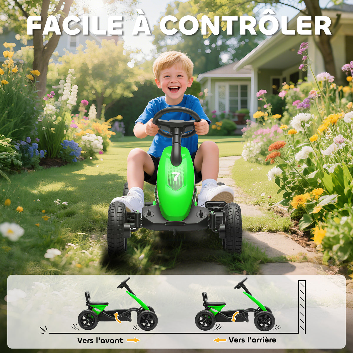 Kart à pédales pour enfants, karting enfant de 2 à 5 ans avec roues EVA silencieux, avancer et reculer, vert-5