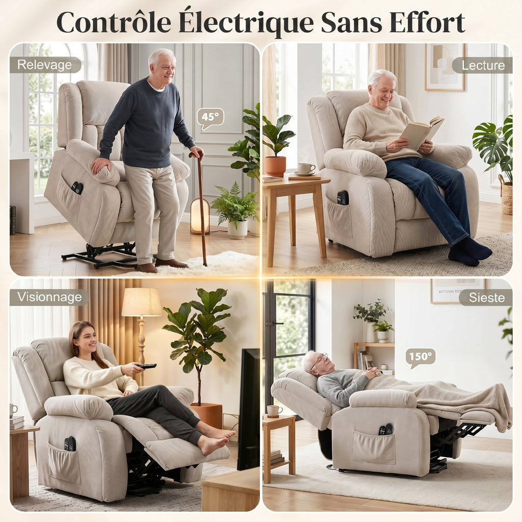 Fauteuil releveur électrique massage et chauffage avec repose-pied, dossier inclinable, télécommande et poche latérale-3