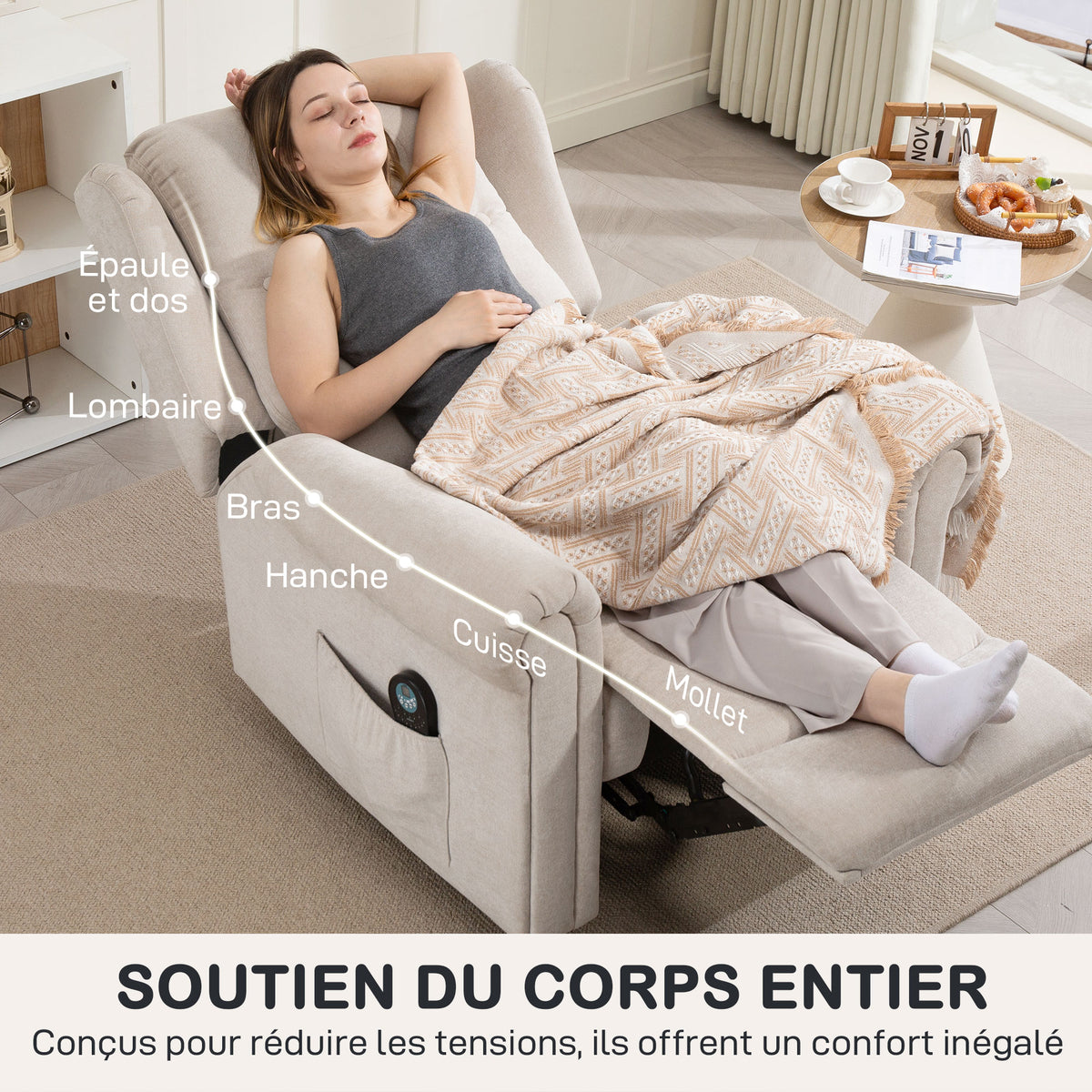 Fauteuil relax massant et chauffant avec dossier et repose-pieds réglable manuellement, poche latérale, beige-7