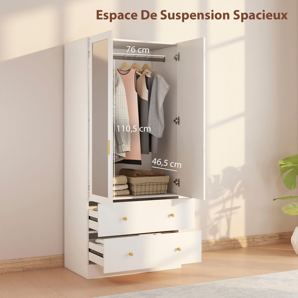 Armoire chambre penderie avec miroir, 2 portes, 2 tiroirs et barre de suspension, 80 x 50 x 180 cm, blanc-3
