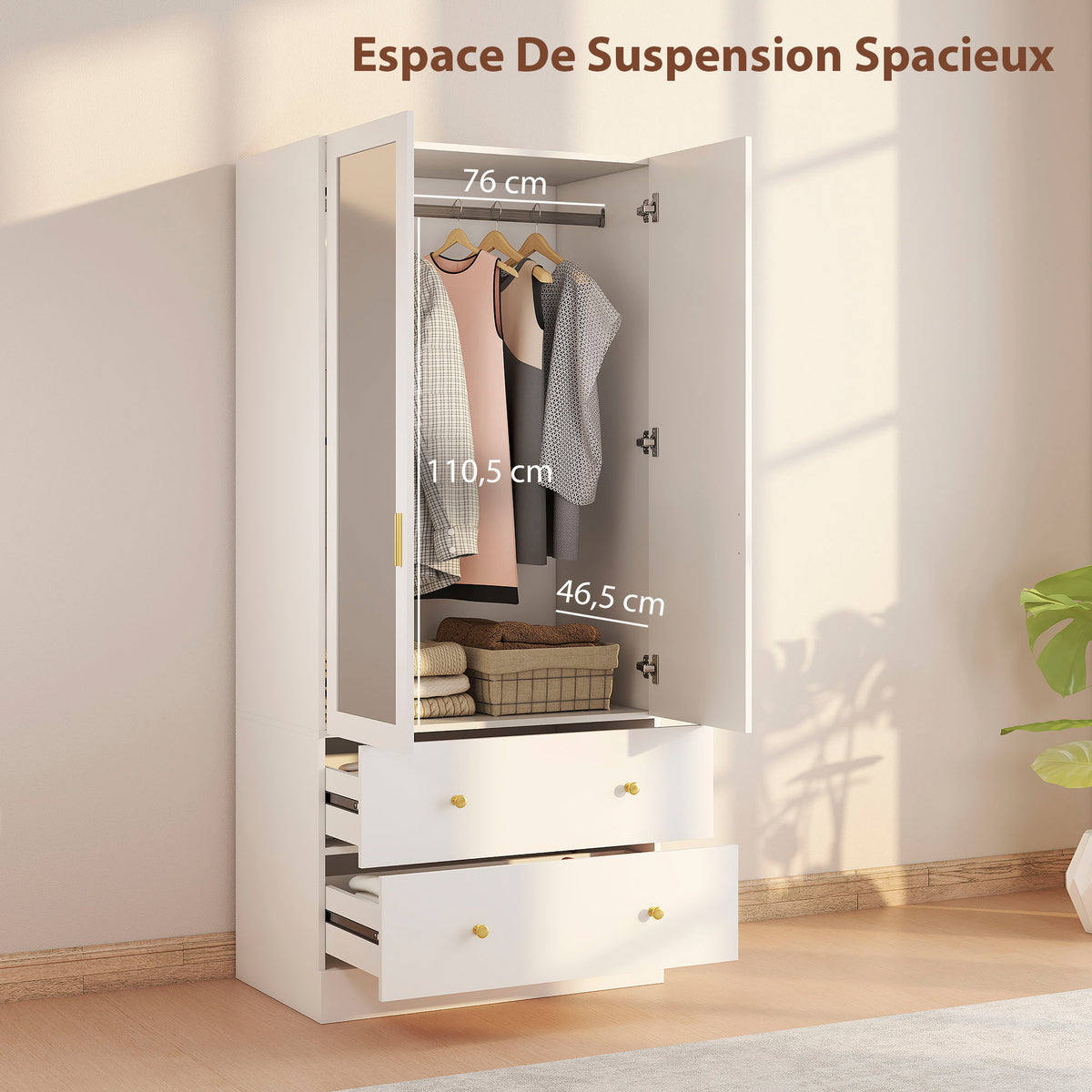 Armoire chambre penderie avec miroir, 2 portes, 2 tiroirs et barre de suspension, 80 x 50 x 180 cm, blanc-3