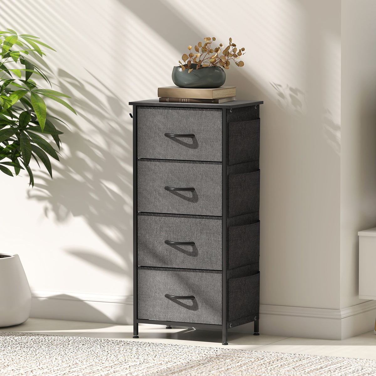 Commode 4 tiroirs en tissu, meuble de rangement avec 4 poches, 2 crochets, structure en acier, 45 x 30 x 94,5 cm, gris-8