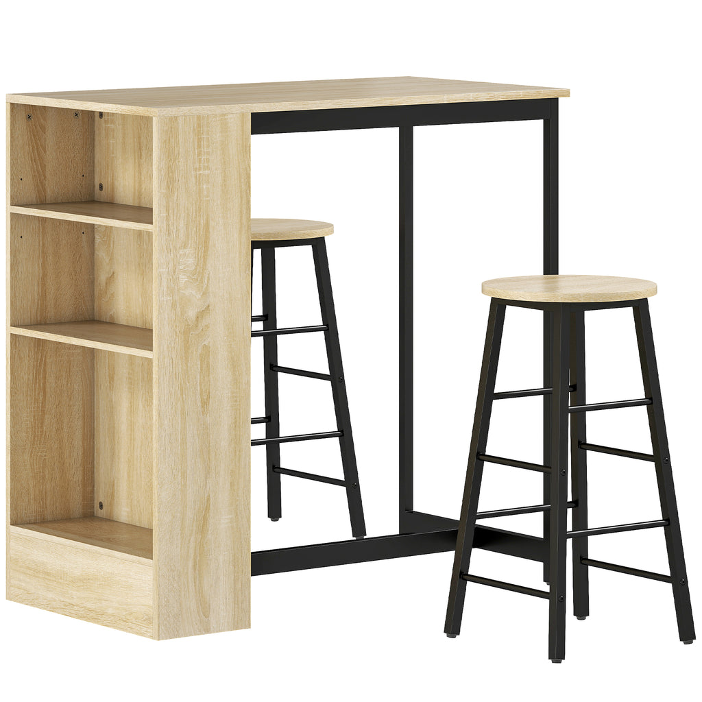 Ensemble table de bar avec tabourets, compartiments ouverts, étagère réglable et repose-pieds, chêne et noir-0