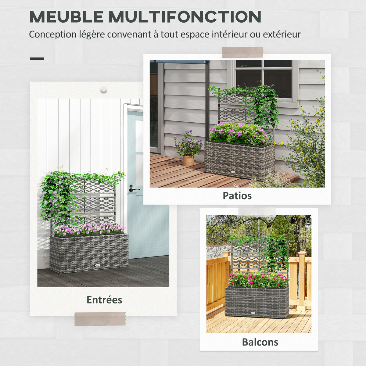 Jardinière pour plantes avec treillis 3 bacs à plante 33L en résine tressée et acier dim. 84L x 30L x 107H cm-3