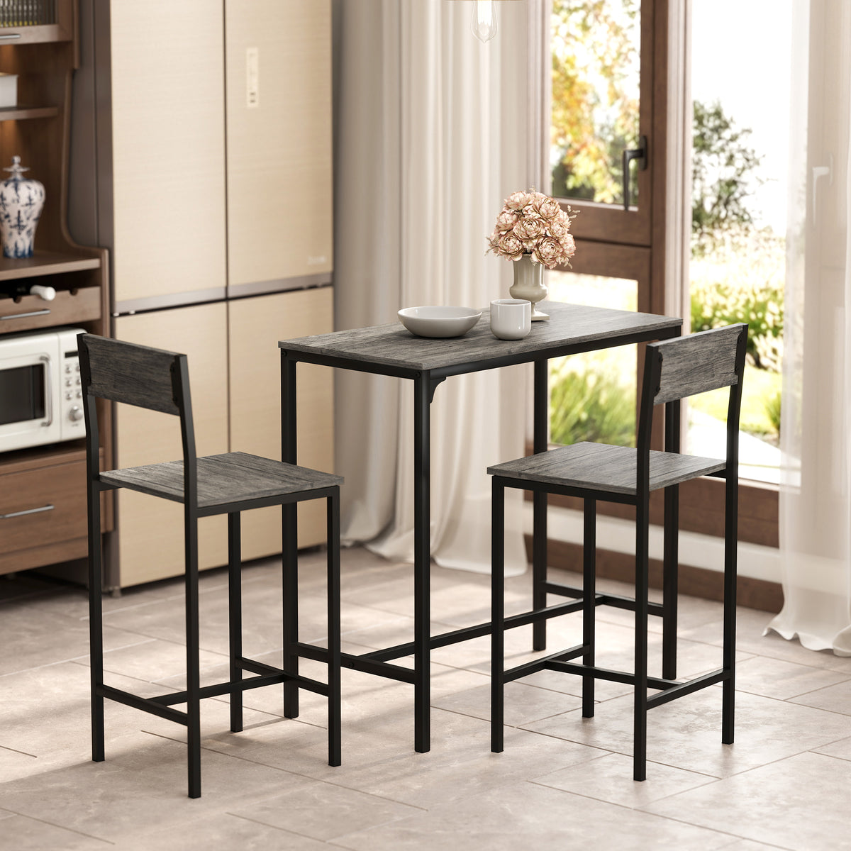 Ensemble table de bar avec tabourets, table à manger debout avec 2 chaises de bar, repose-pieds et dossiers, gris-6
