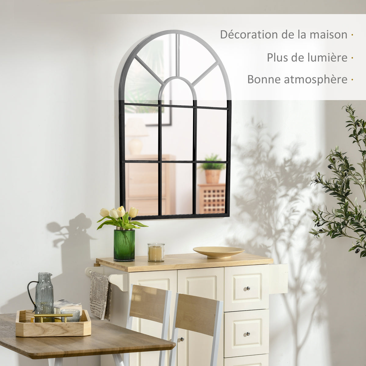 Miroir mural arqué 91 x 60 cm, miroir verrière arche style industriel, miroir de fenêtre arqué avec cadre métallique, pour salon, chambre, couloir, noir-3