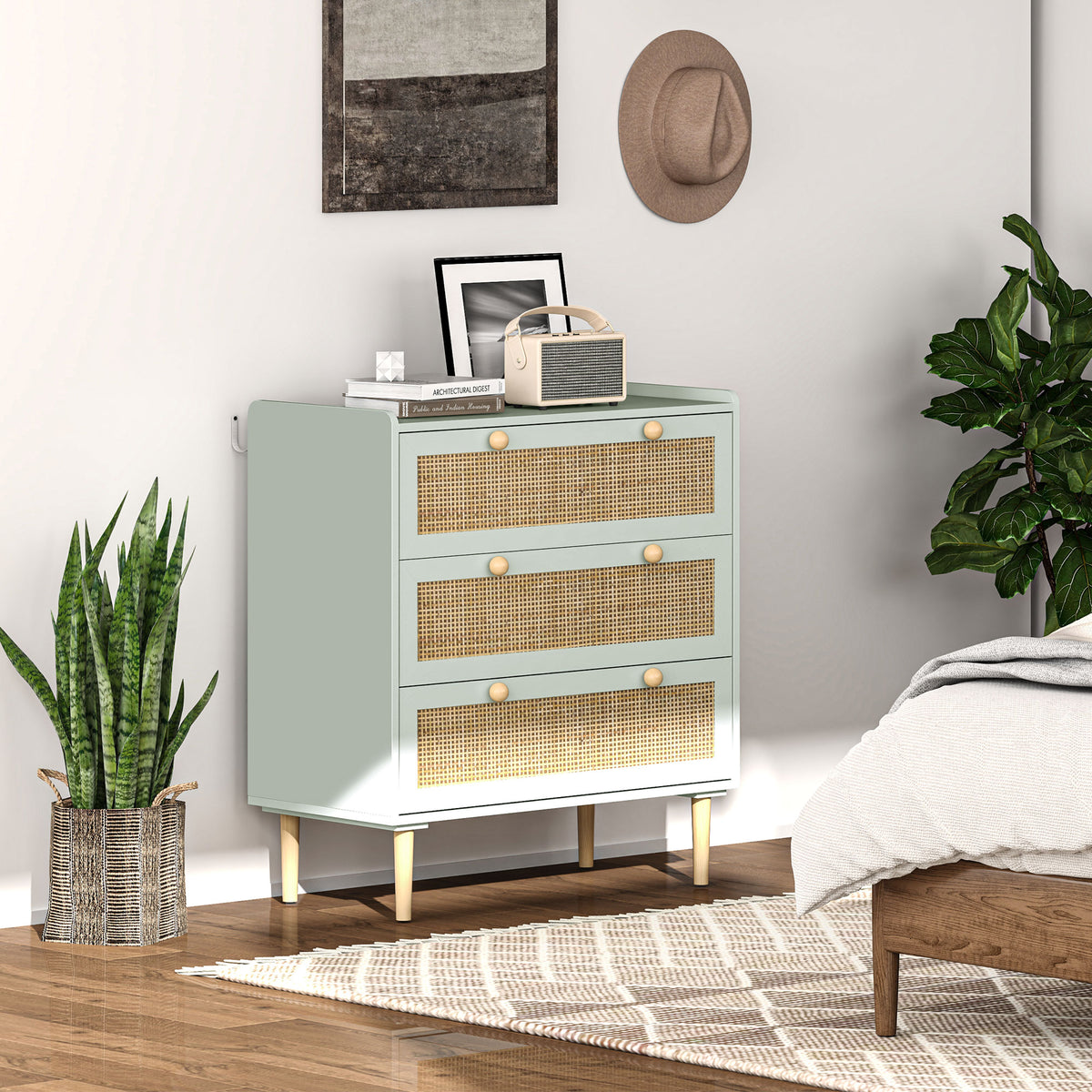 Commode design bohème en rotin avec 3 tiroirs, meuble de rangement pour le salon, le couloir, l'entrée, vert olive-1