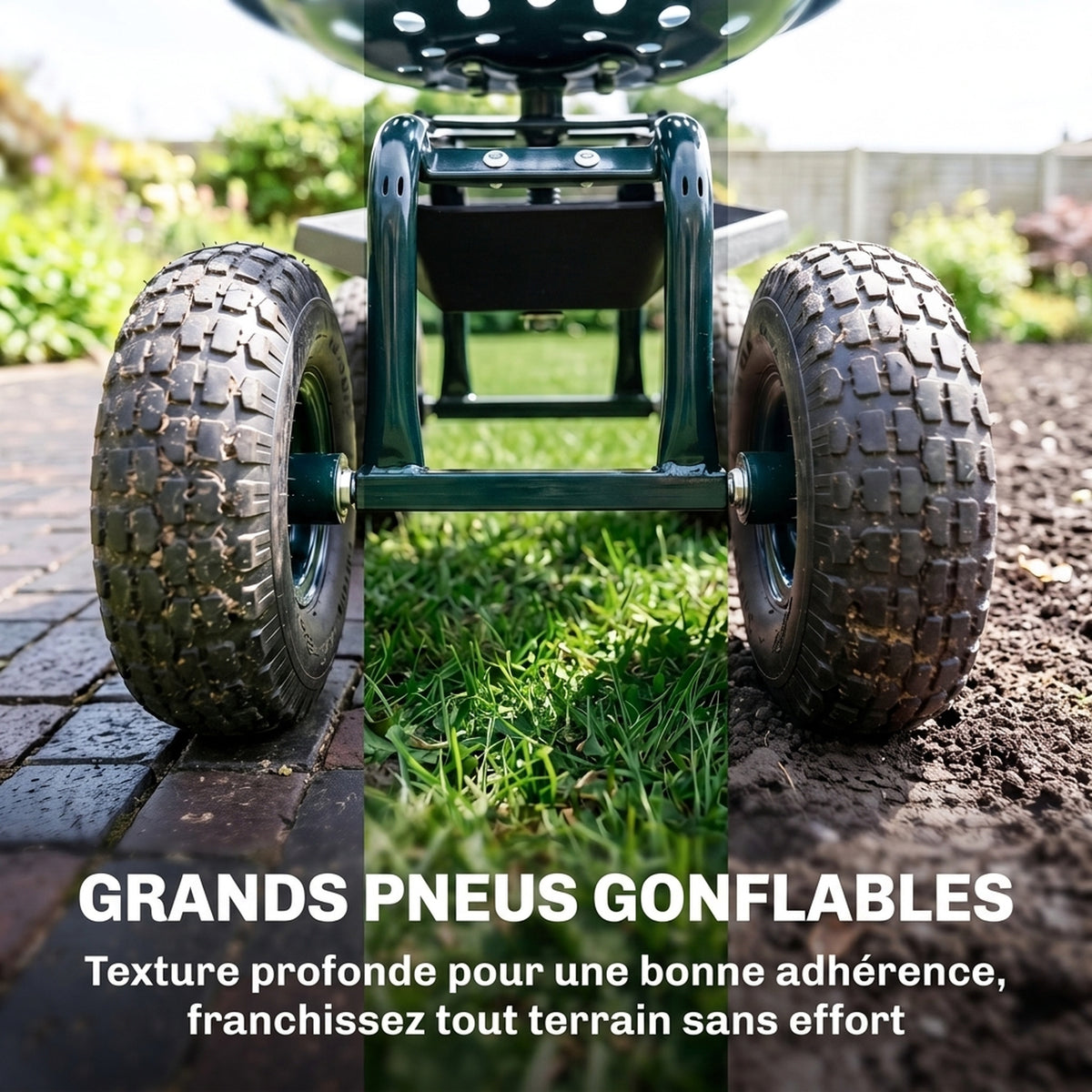 Siège de jardin chaise roulante pivotant à 360° et réglable en hauteur avec plateau à outils charge max. 150 Kg vert-4