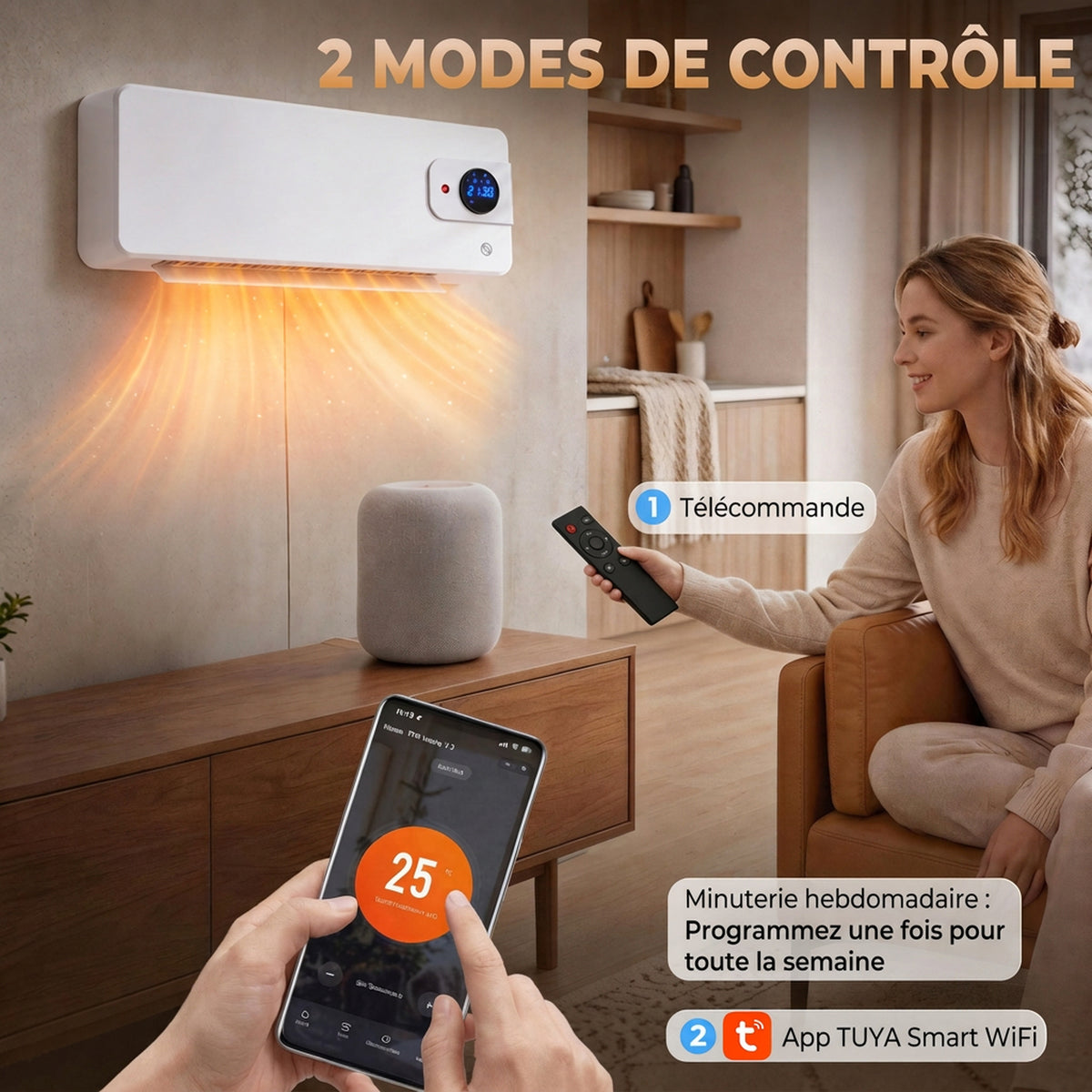 Radiateur Soufflant Mural Radiateur Électrique 2000W en Céramique PTC Oscillation WiFi Thermostat 54x12,5x18,7cm Blanc-3