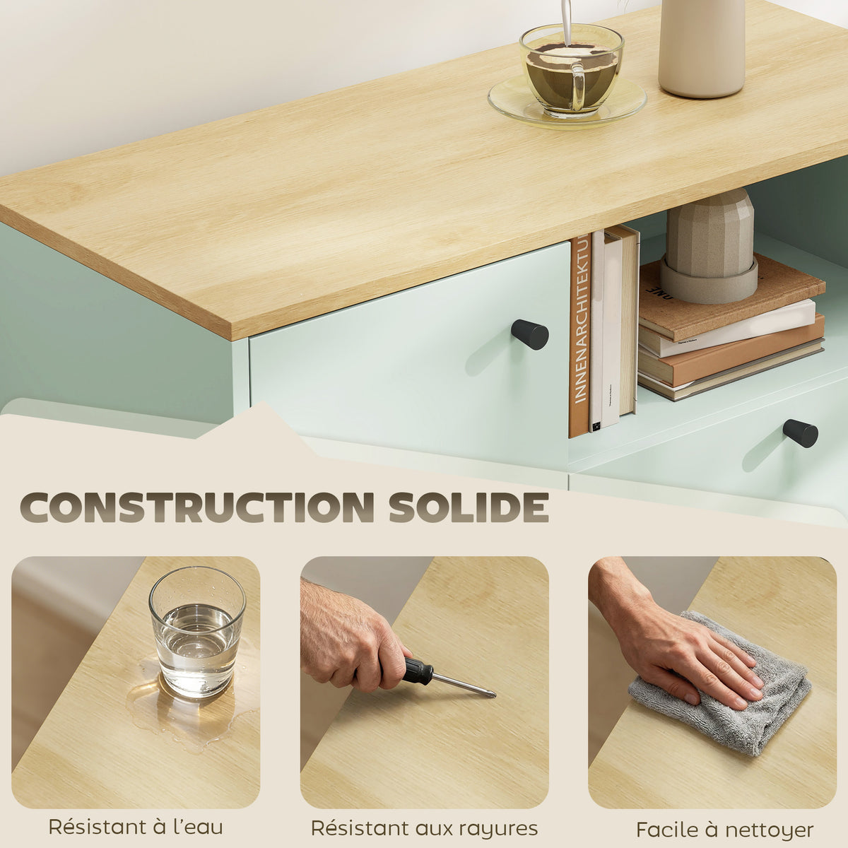 Buffet salon, meuble de rangement avec porte, 2 tiroirs, compartiment ouvert et étagère réglable, vert clair et chêne-5