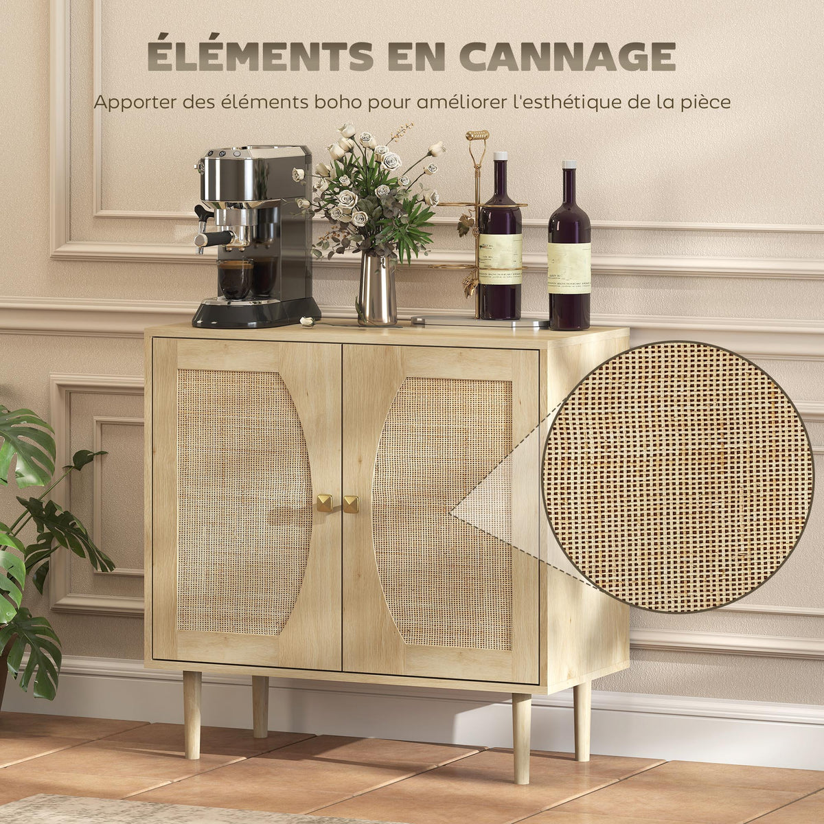 Buffet de cuisine meuble de rangement double portes avec 2 niveaux, façade en cannage 80 x 38 x 79 cm effet bois naturel-3