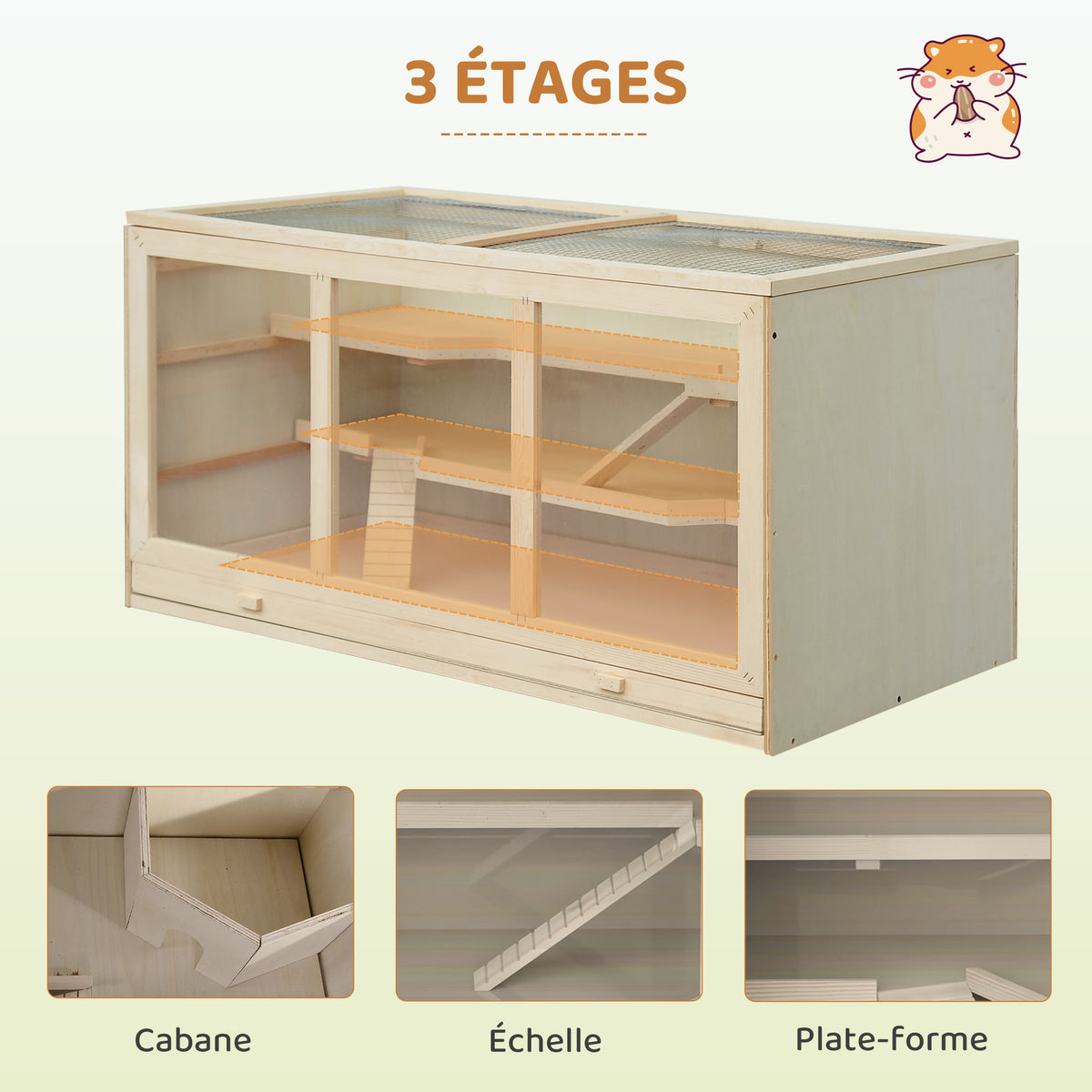 Cage à hamster cage gerbilles 2 niveaux toit ouvrable fenêtres cabane 2 échelle, 115 x 57 x 55 cm, effet bois naturel-3