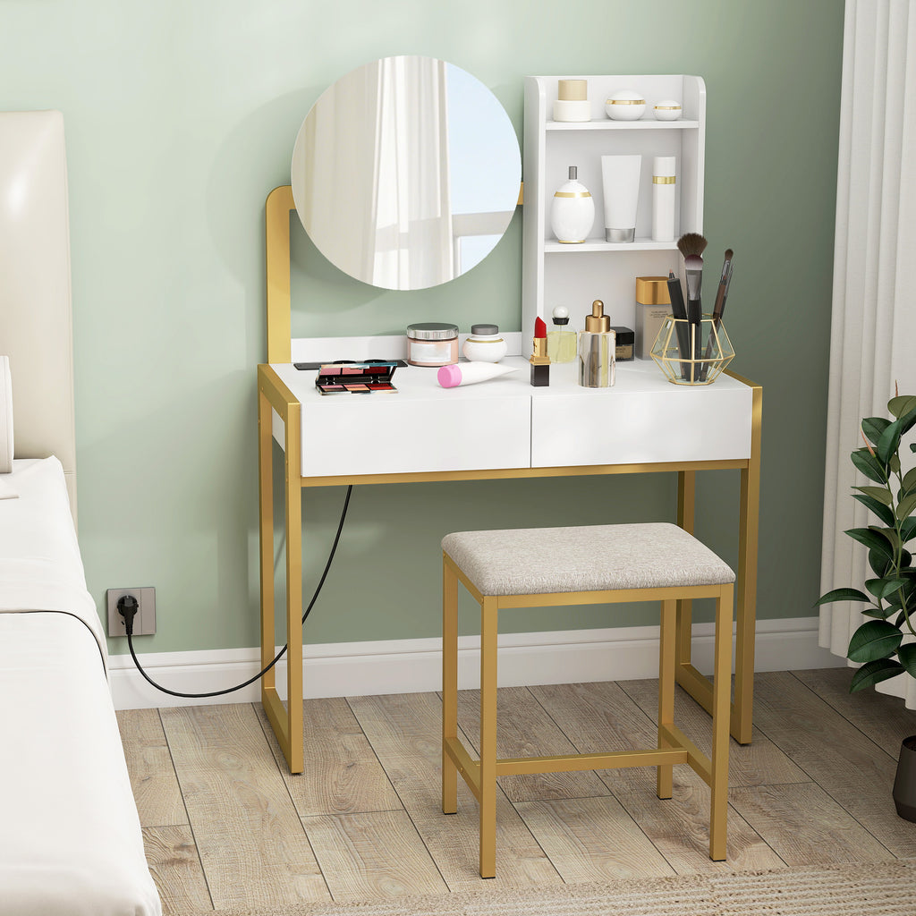 Coiffeuse avec miroir et tabouret, station de charge, table de maquillage avec 2 tiroirs, 3 étagères ouvertes, blanc-1