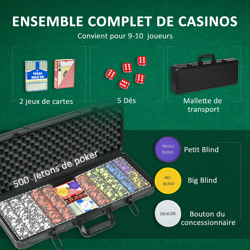 Mallette de Poker Coffret de Poker Complet, avec 500 jetons 5 dés 2 Jeux de Cartes 3 boutons-3