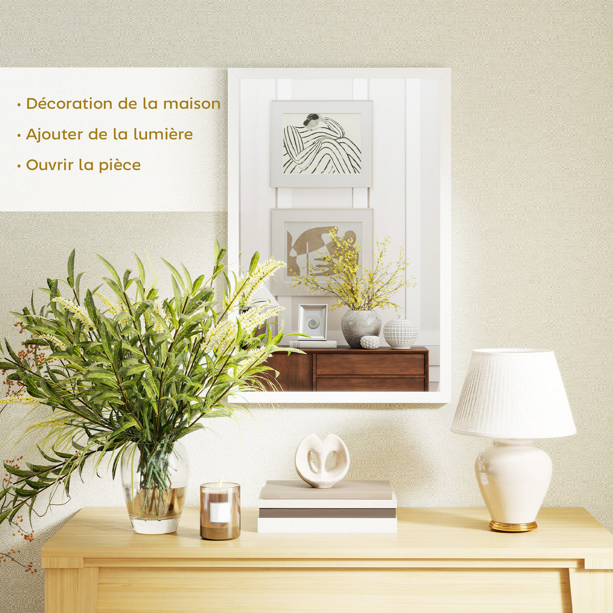 Miroir mural rectangulaire 60 x 40 cm, cadre en bois blanc, idéal pour la salle de bain, salon ou chambre-3