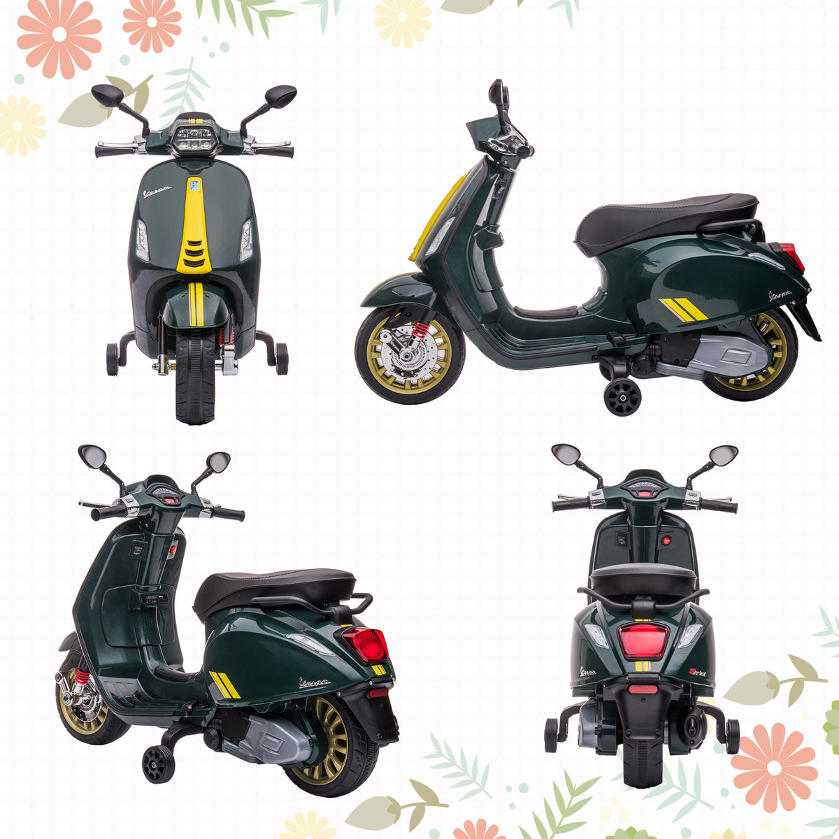 Scooter électrique enfant Vespa 6 V dim. 107L x 47l x 73H cm Musique MP3 Port USB Phare 2 roues d'entraînement - Vert-7