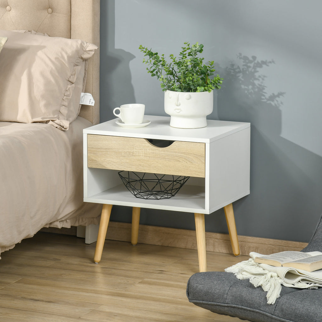Table de chevet, table de nuit, avec tiroir, design moderne, pieds en bois massif, 50 x 39 x 51 cm, blanc et bois naturel-7
