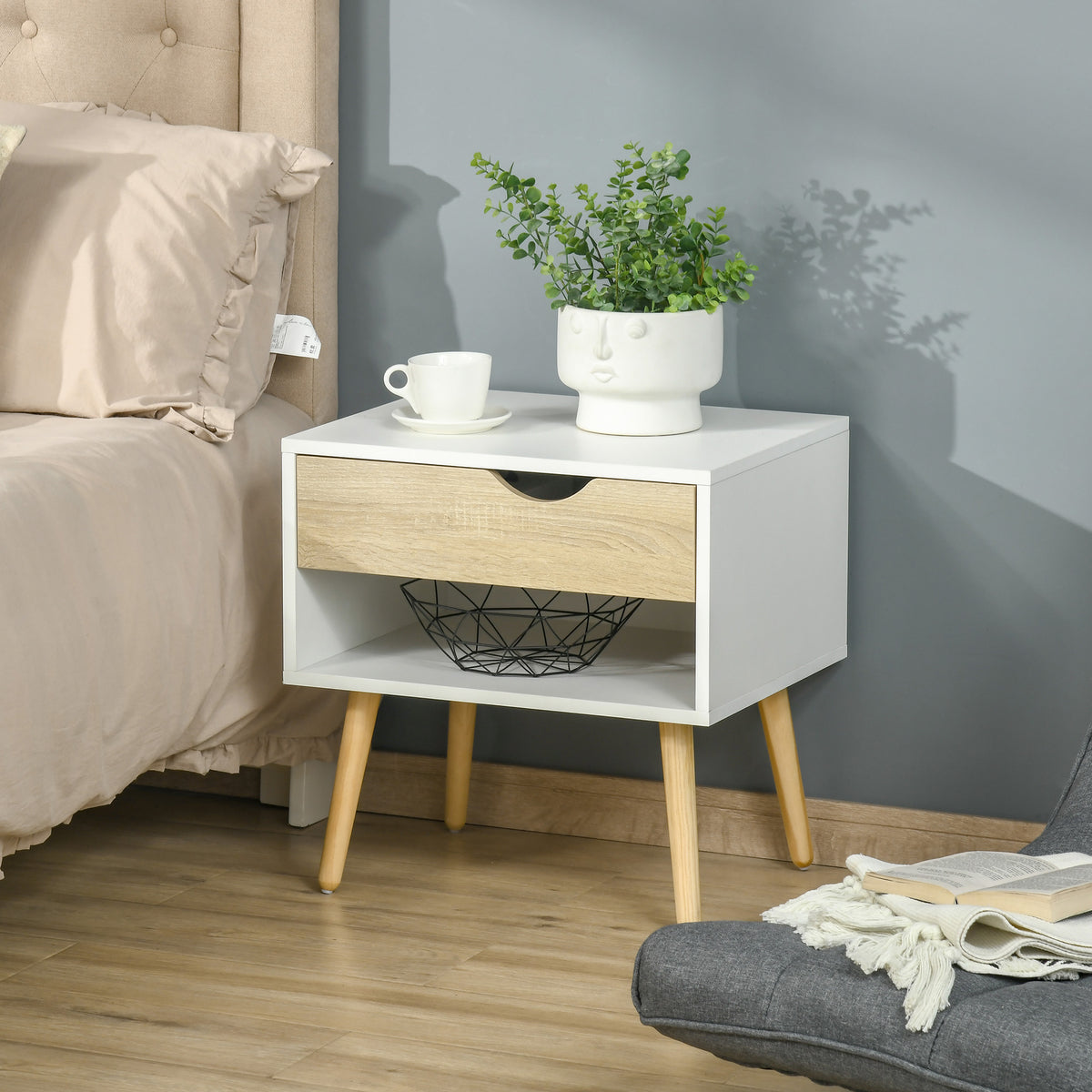 Table de chevet, table de nuit, avec tiroir, design moderne, pieds en bois massif, 50 x 39 x 51 cm, blanc et bois naturel-7