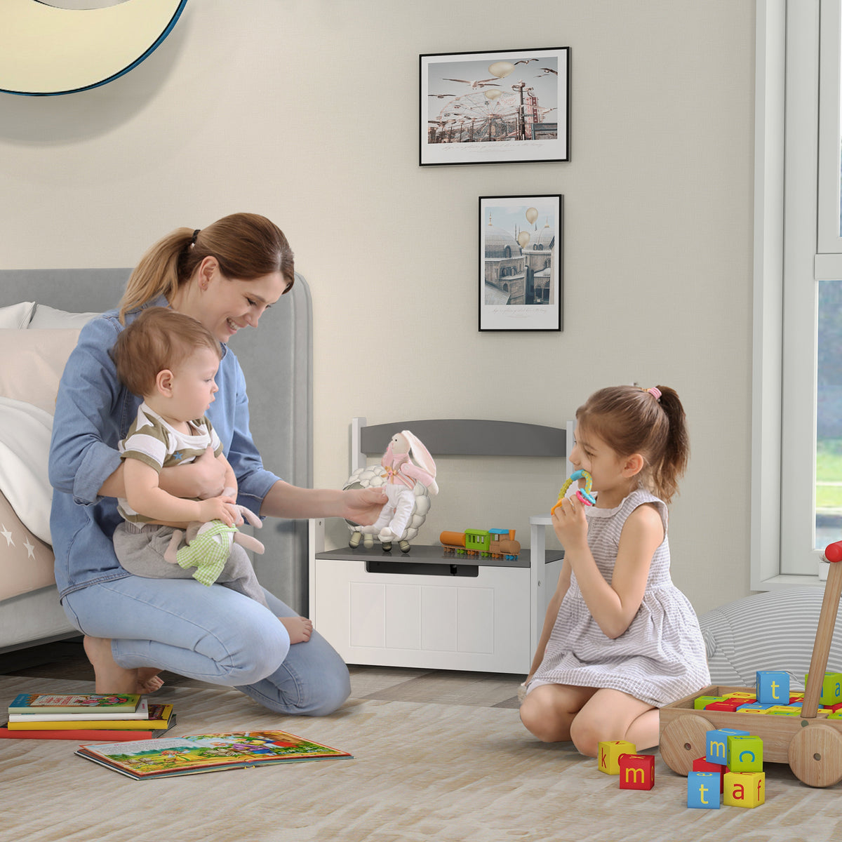 Coffre à jouets pour enfants 2 en 1 et banc avec dossier et accoudoirs - vérin pneumatique 68,5L x 34l x 58H cm-9