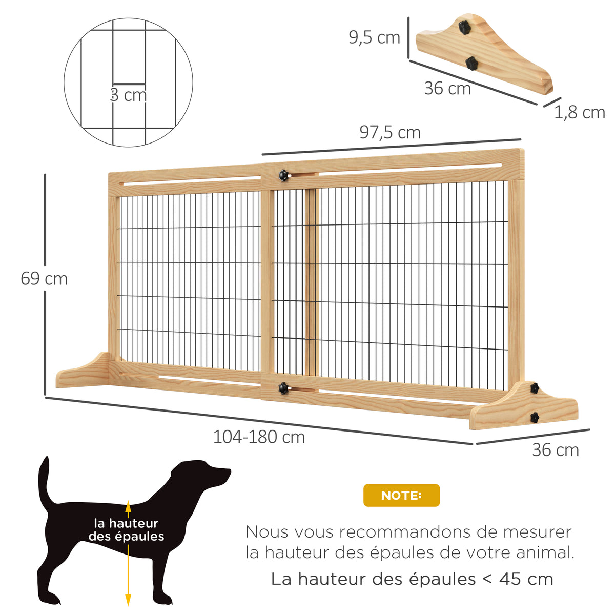 Barrière de sécurité pour chien extensible longueur réglable 104-180 x 36 x 69 cm pin bois naturel-2