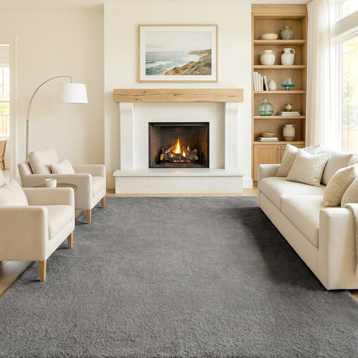 Tapis salon 160 x 120 cm tapis à poils longs, lavable en machine, antidérapant, en fausse fourrure, gris clair-1