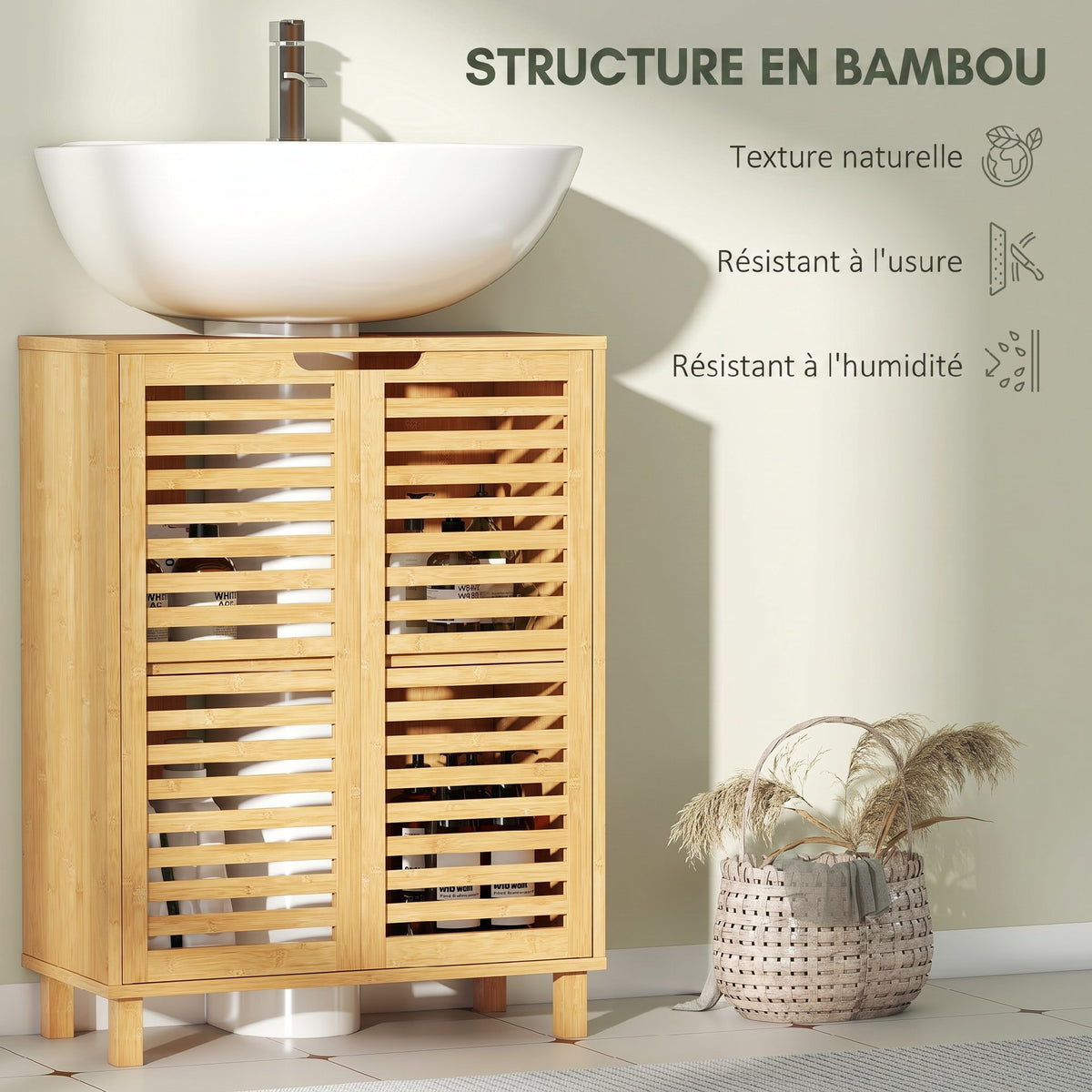 Meuble sous Lavabo en Bambou, Meuble de Salle de Bain avec 2 Portes Persiennes, Étagère Réglable, Bois Naturel-4