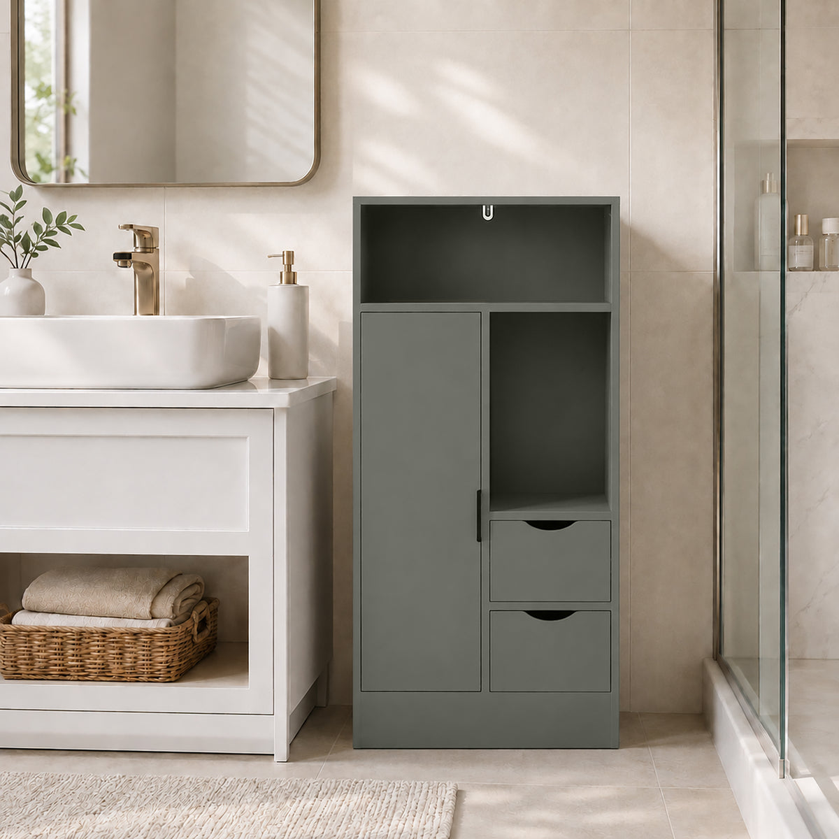 Meuble de salle de bain, meuble de rangement étroit avec 2 tiroirs, compartiments ouverts, 50x25x100cm, vert clair-1