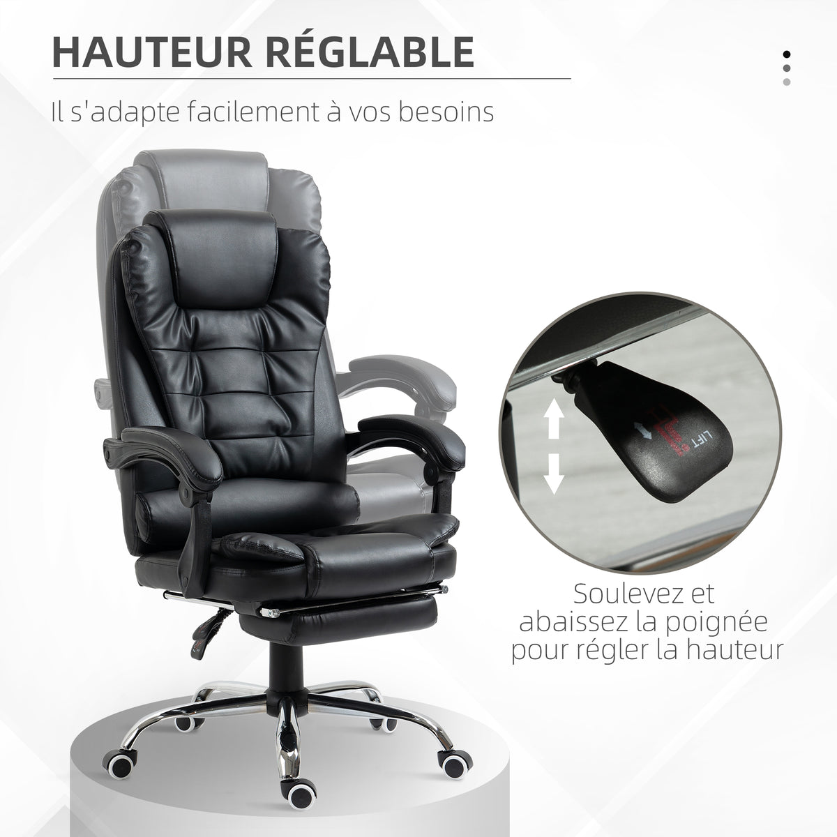 Fauteuil de bureau fauteuil manager grand confort dossier inclinable roulettes P.U 64,5 x 69 x 117 cm noir-3