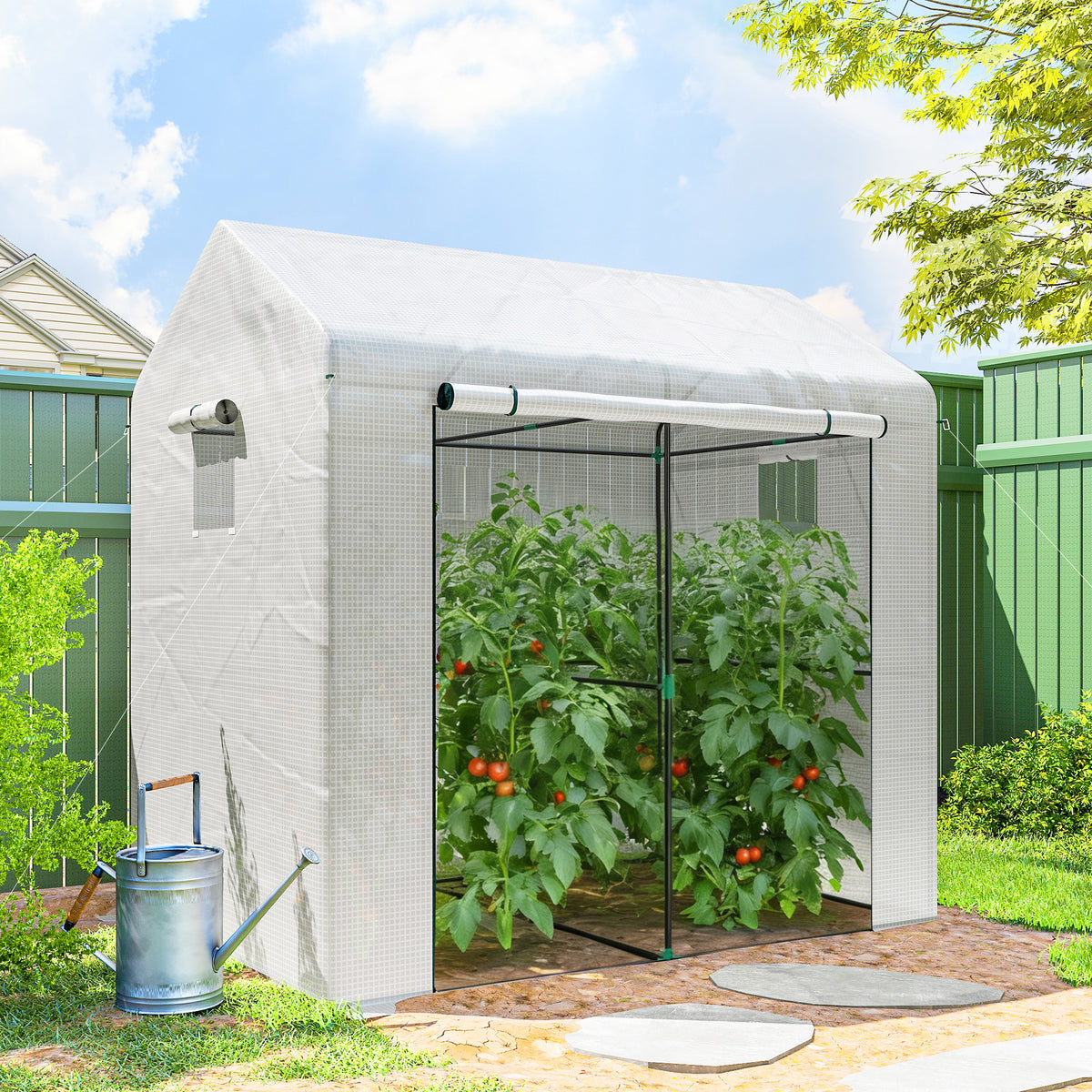 Serre de jardin PE, serre de balcon, bâche renforcée 135 g/m², châssis en acier, porte zippée, 200 x 140 x 200 cm, blanc-9