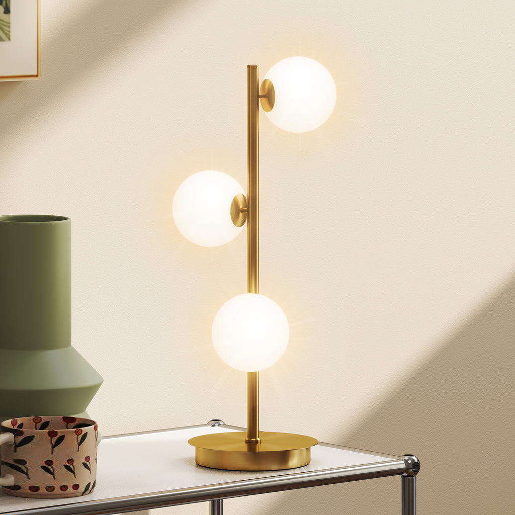 Lampe de chevet avec 3 abat-jours globe, lampe de table moderne avec base en acier et douilles G9, 53H cm, ton laiton-5