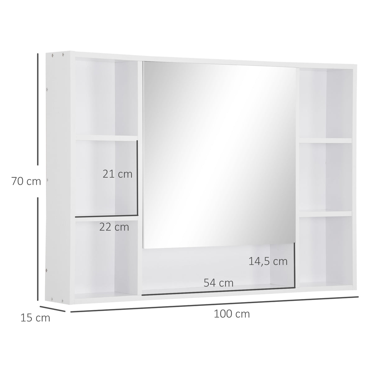 Armoire murale salle de bain avec miroir, meuble salle de bain, 7 étagères ouvertes et placard,100 x 15 x 70 cm, blanc-2