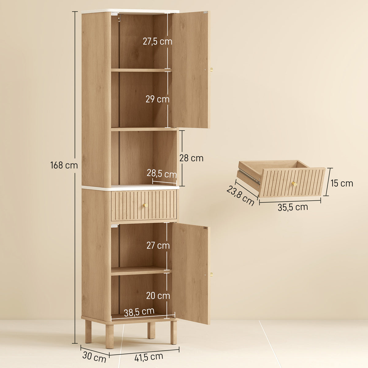 Armoire salle de bain haute meuble de rangement colonne avec tiroir coulissant silencieux 2 placards 41,5x30x168cm chêne-2
