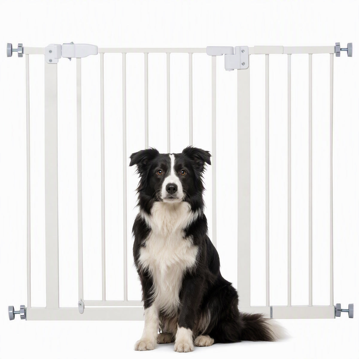 Barrière de sécurité largueur réglable 74-80 / 91,5-97,5 cm double verrouillage fermeture automatique barrière chien pour porte couloir escalier sans perçage acier blanc-0