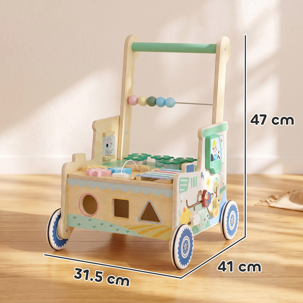Trotteur Bebe en Bois, Chariot de Marche Bébé, Centre d'Activités, Espace de Rangement, Vert-2