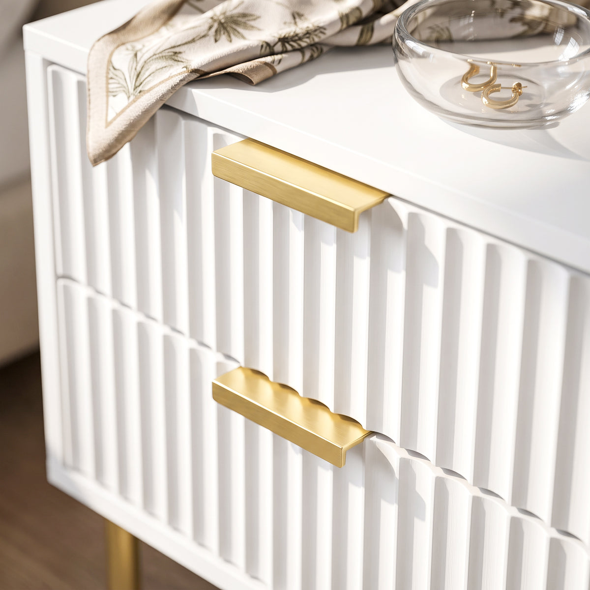 Table de chevet, table de nuit cannelée avec 2 tiroirs et pieds en acier, pour chambre à coucher, salon, blanc-9