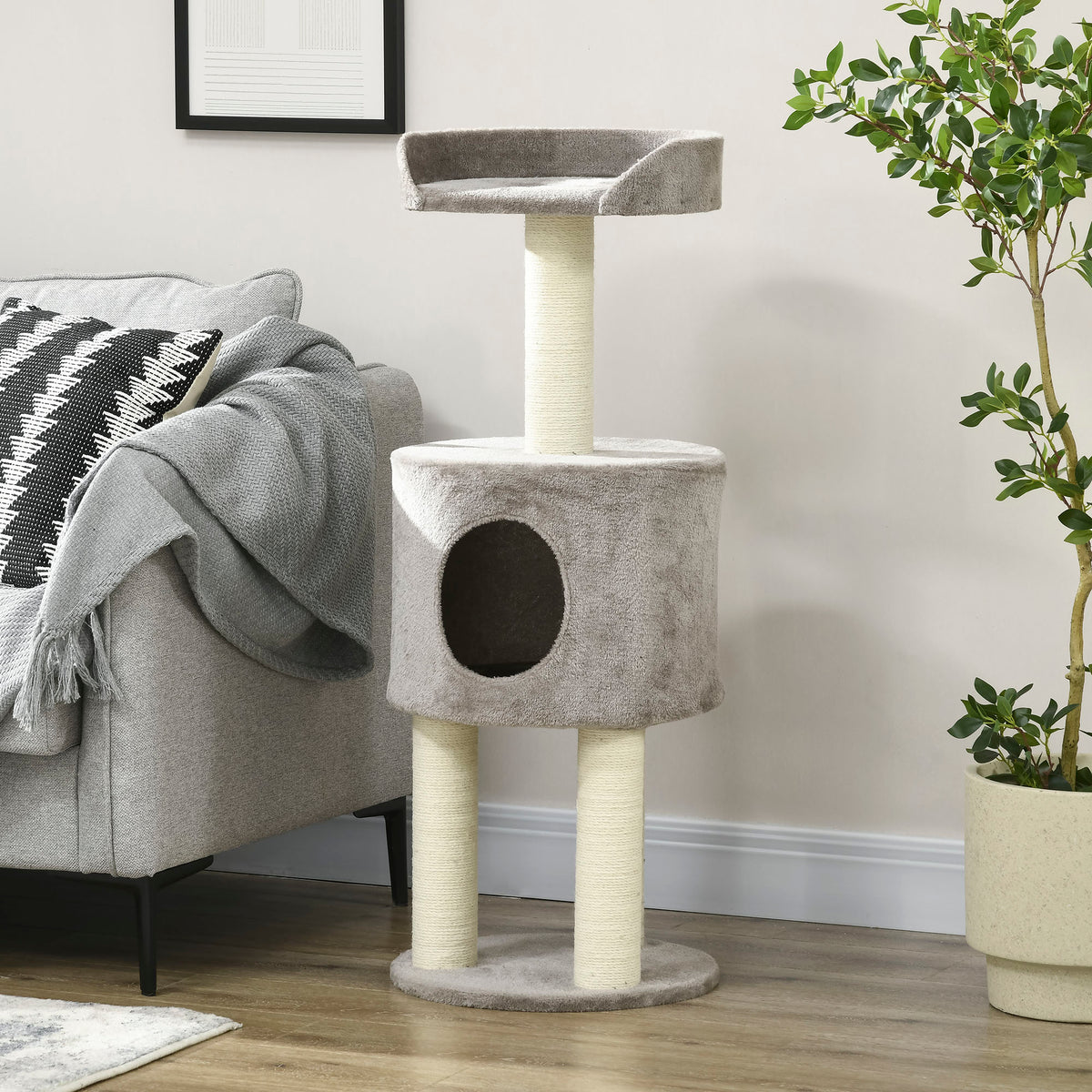 Arbre à chat griffoirs grattoirs sisal naturel arbre à grimper niche plate-forme en peluche hauteur 103 cm gris-9