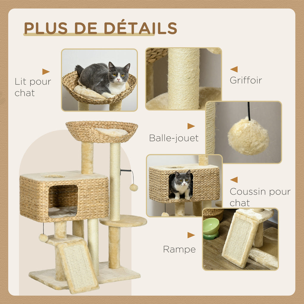 Arbre à chat avec griffoir niche panier d'observation plateformes pompon suspendus 60 x 40 x 98 cm beige-5