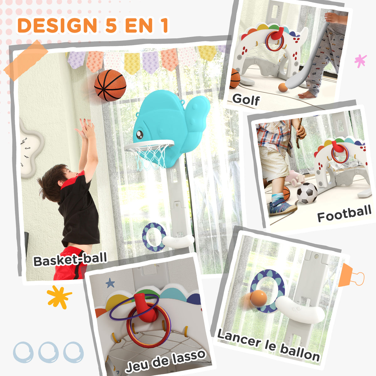 Panier de basket-ball pour enfants 5 en 1 hauteur réglable but de football balle de golf lancer d'anneaux bleu et gris-4
