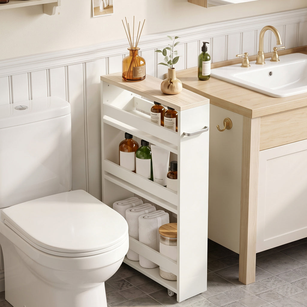 Chariot de rangement à 3 niveaux chariot de stockage étagère sur roulettes pour cuisine étroite salle de bain buanderie bureau avec poignée - 48 x 15 x 80 cm blanc-7