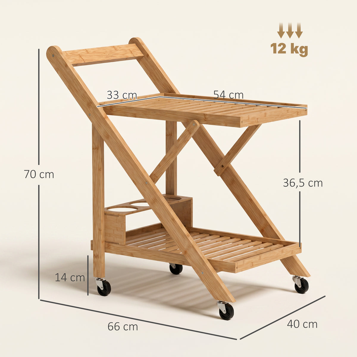 Desserte de cuisine en bambou chariot de service pliable 2 plateaux 4 roues 3 casiers à vin 66 x 40 x 70 cm bois naturel-2