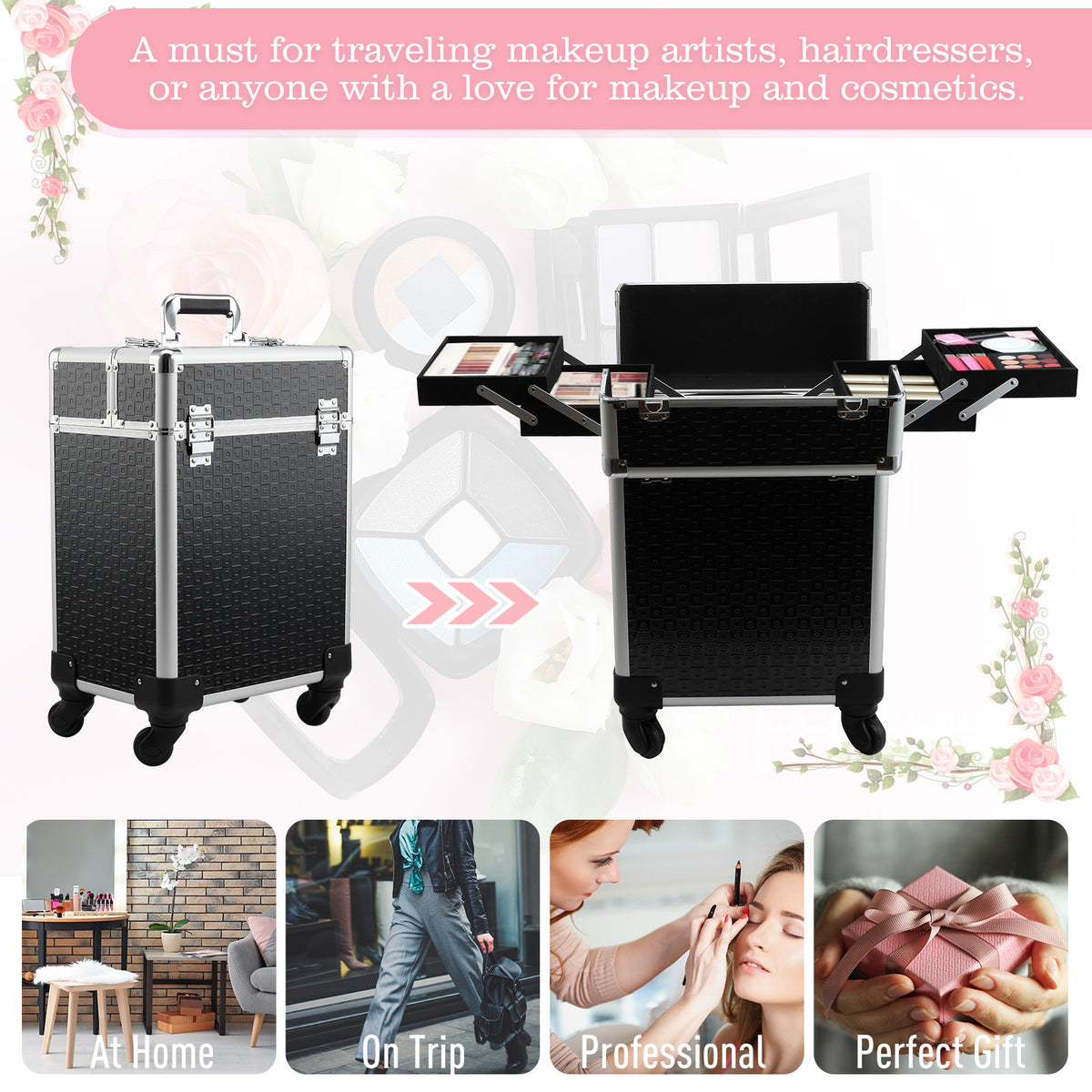 Valise trolley maquillage mallette cosmétique vanity poignée télescopique réglable 34L x 24l x 52H cm alu. noir-3