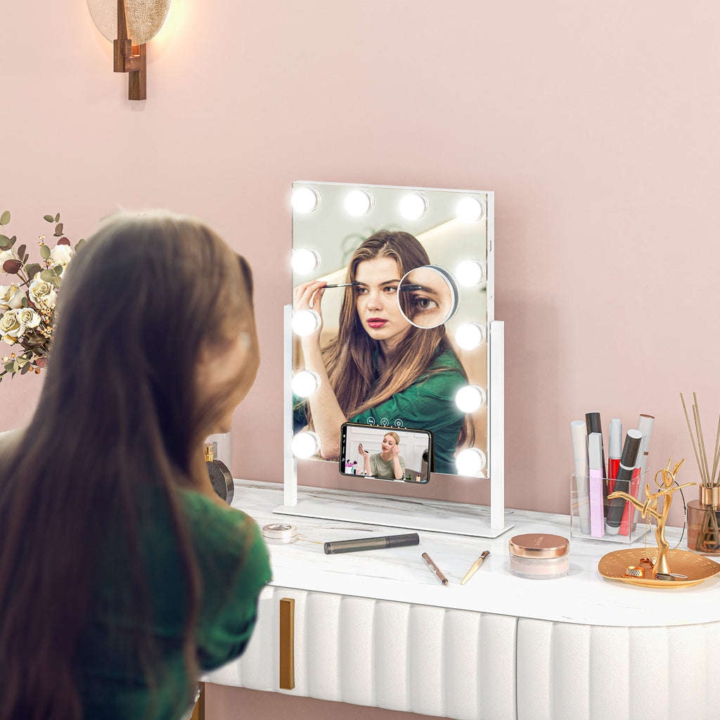 Miroir Hollywood avec LED 12 ampoules, luminosité réglable, rotation à 360°, grossissement 10X, touche tactile, blanc-1