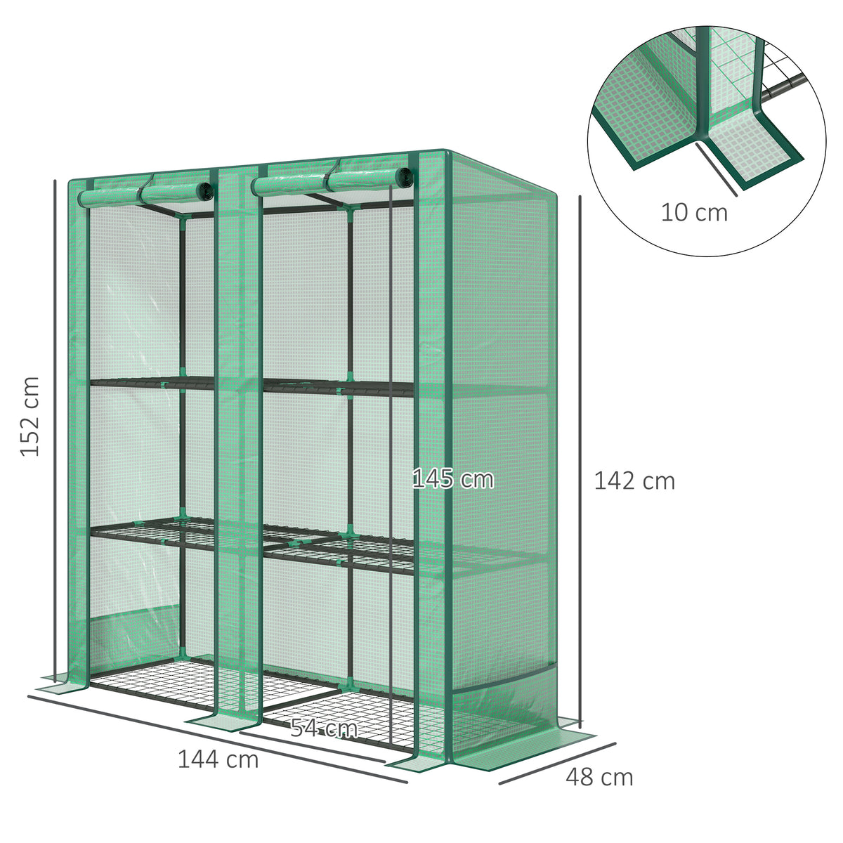 Serre de jardin avec étagères métalliques à 3 niveaux serre de balcon couverture PE toit incliné 144 x 48 x 152 cm vert-2