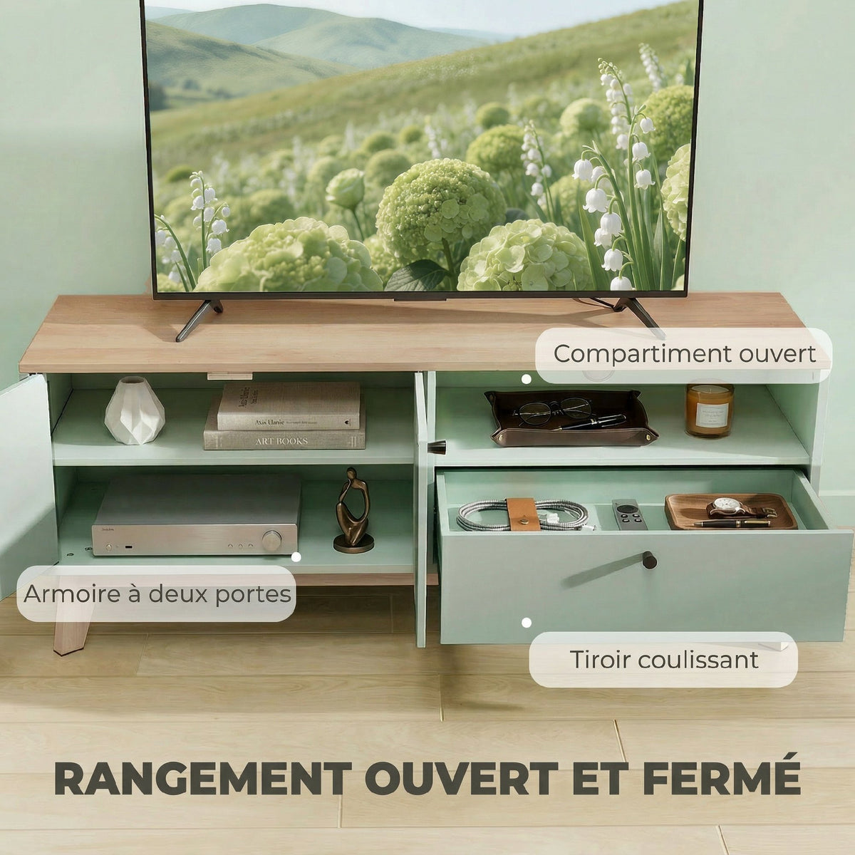 Meuble TV 120 cm, meuble télé pour téléviseur jusqu'à 36 pouces avec 2 portes, tiroir, compartiment ouvert, vert clair-3