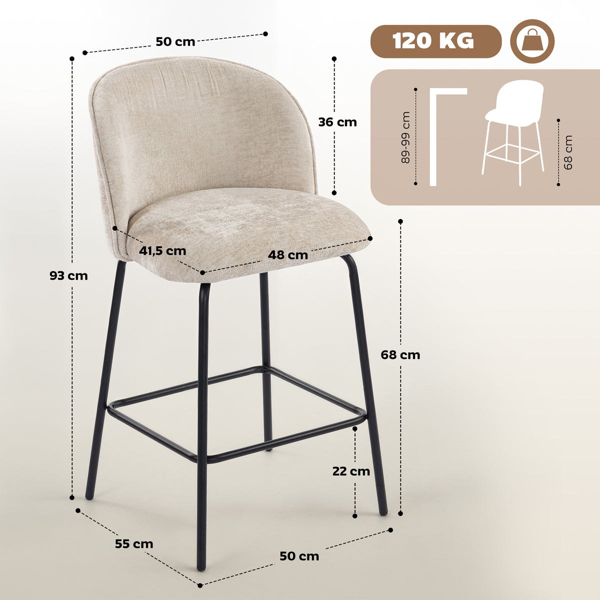 Lot de 2 tabourets de bar, chaises de bar avec repose-pieds et dossier, tissu en chenille, hauteur d'assise 68 cm, beige-2