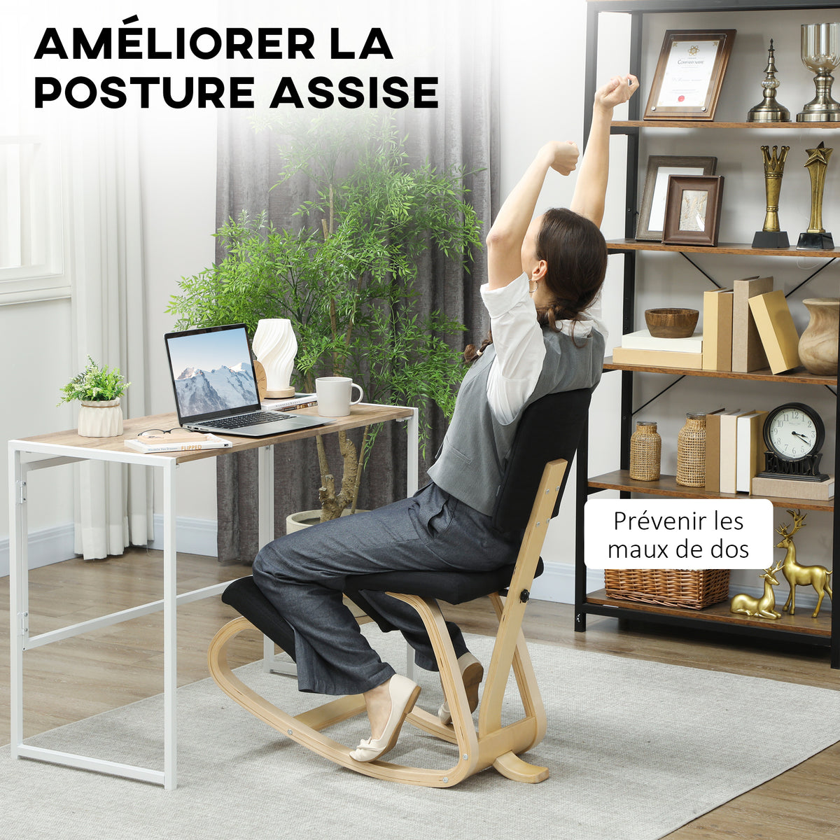 Siège assis genoux, tabouret ergonomique en bois à bascule avec dossier, chaise à genoux pour bureau à domicile, noir-3