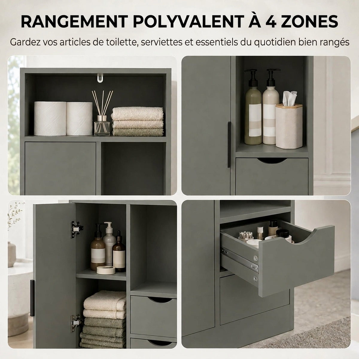 Meuble de salle de bain, meuble de rangement étroit avec 2 tiroirs, compartiments ouverts, 50x25x100cm, vert clair-3