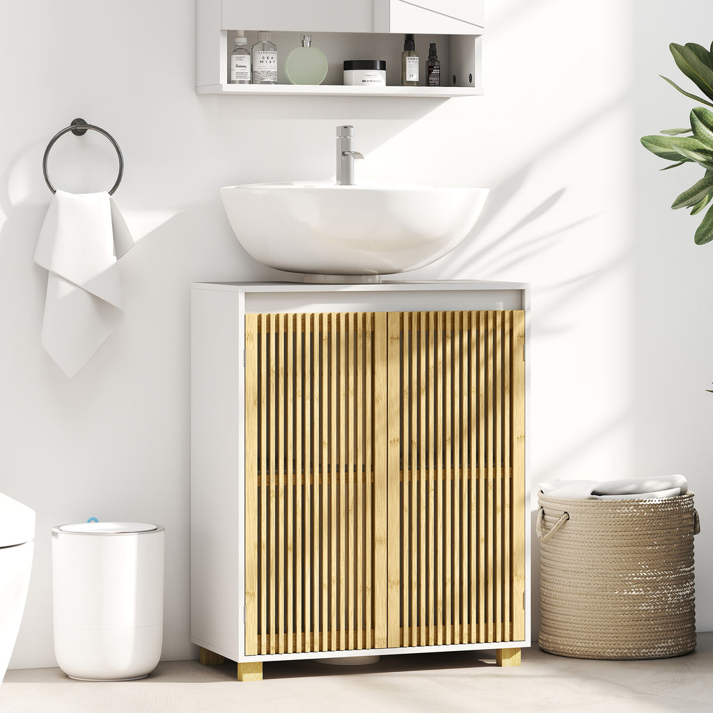 Meuble sous lavabo salle de bain - placard à portes à lattes en bambou, 60 x 30 x 75 cm, effet bois naturel-1