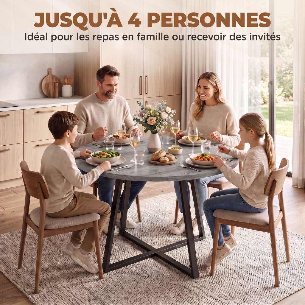 Table à Manger Ronde pour 4 Personnes Ø 100 cm, Cadre Carré en Acier Carbone, Style Industriel, Effet Bois Gris-3