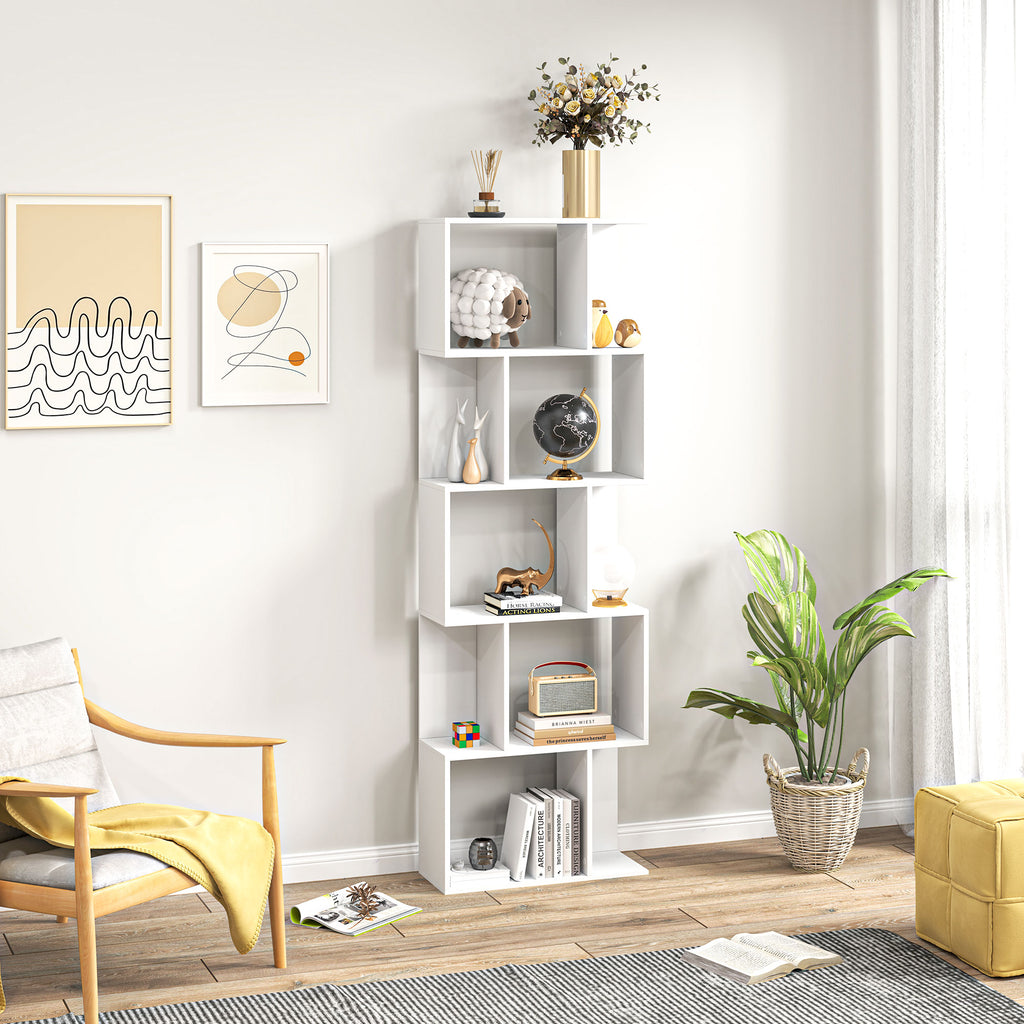 Bibliothèque à 5 niveaux, meuble de rangement en forme de S avec étagères, 60 x 24 x 184,5 cm, blanc-6